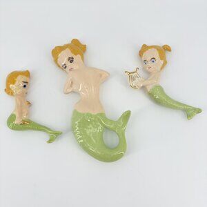 3 Vintage Ceramic Mermaid Wall Plaques Wall Hangings Kitschy MCM